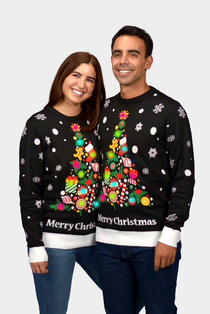 Pull de Noël pour Homme femme Lumineux LED Noire Sapin de Noël