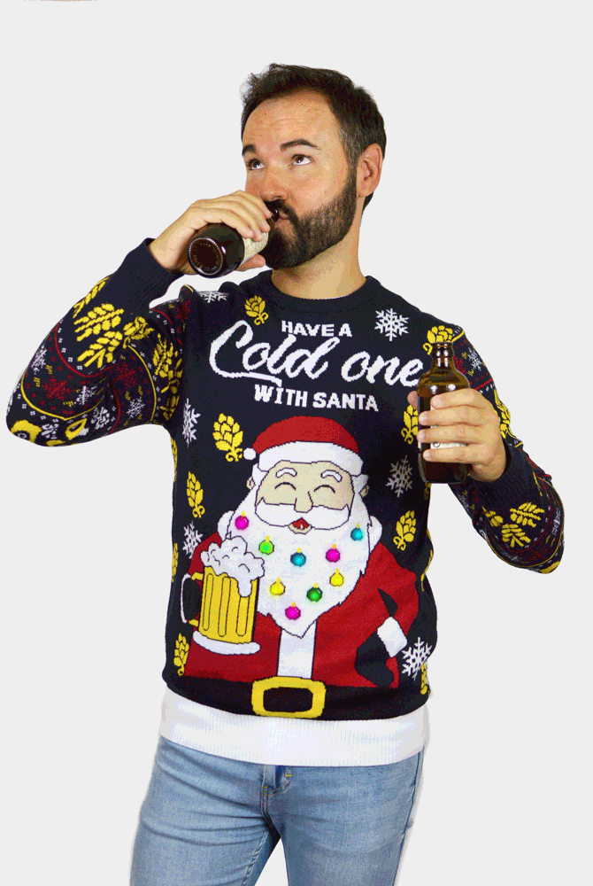 Pull de Noël Lumineux LED Père Noël avec Bière pour Homme