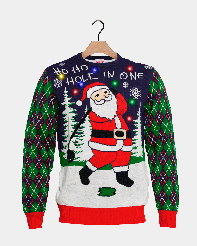 Pull de Noël pour Homme Lumineux LED Père Noël jouant au Golf