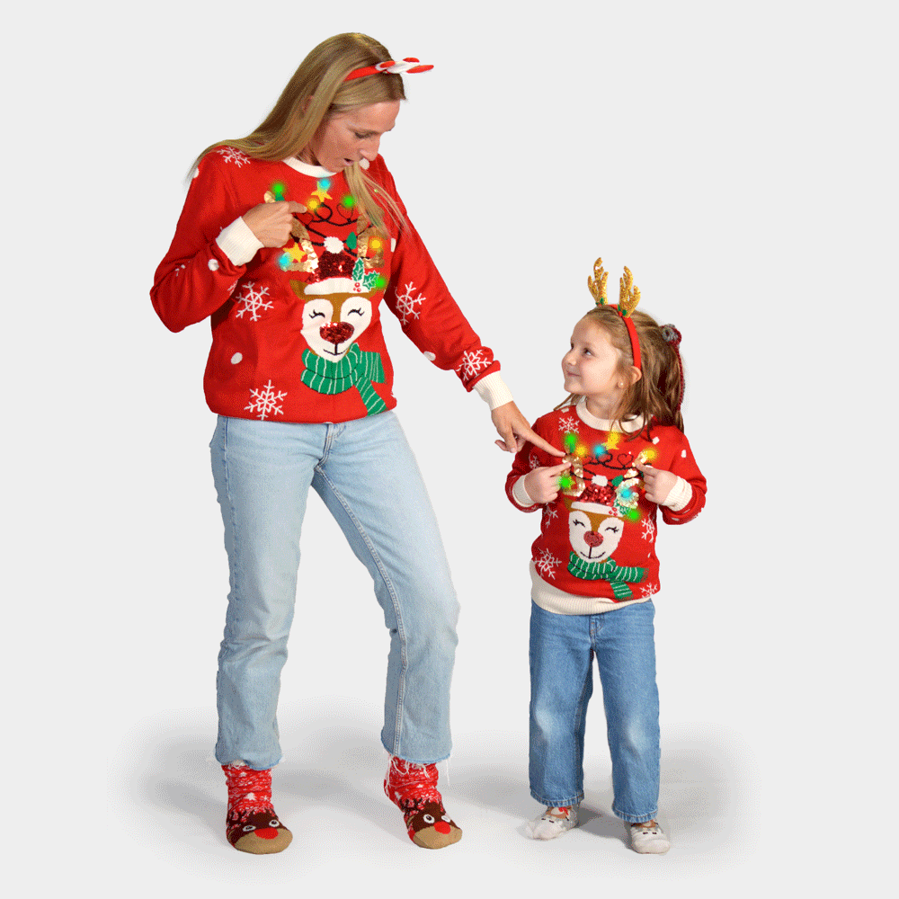 Pull de Noël pour Homme Lumineux LED Renne Brillant Paillettes Famille