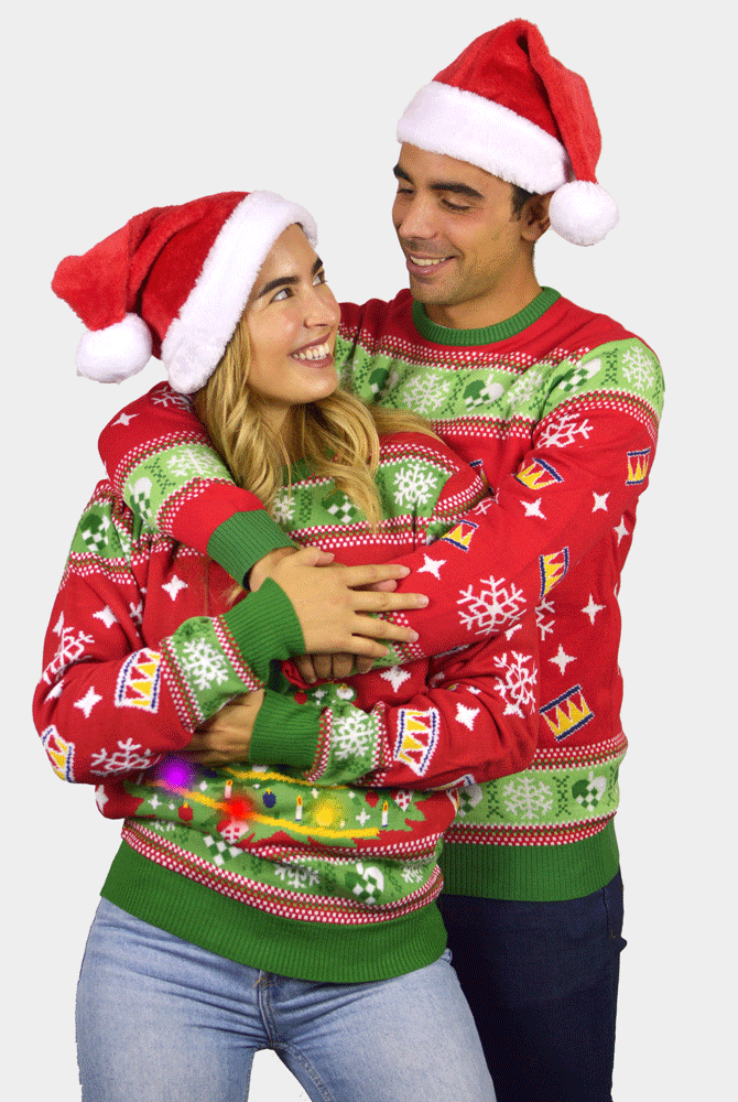 Pull de Noël Femme et Homme Lumineux LED Rouge avec Sapin de Noël