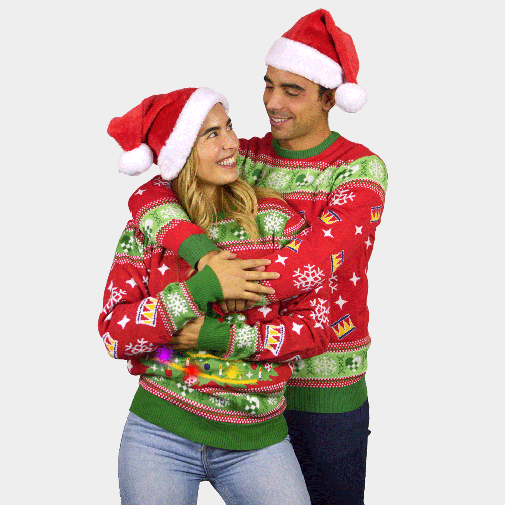 Pull de Noël Femme et Homme Lumineux LED Rouge avec Sapin de Noël
