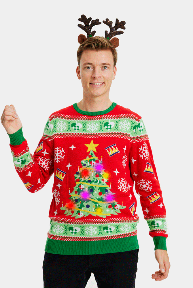 Pull de Noël pour Homme Lumineux LED Rouge avec Sapin de Noël