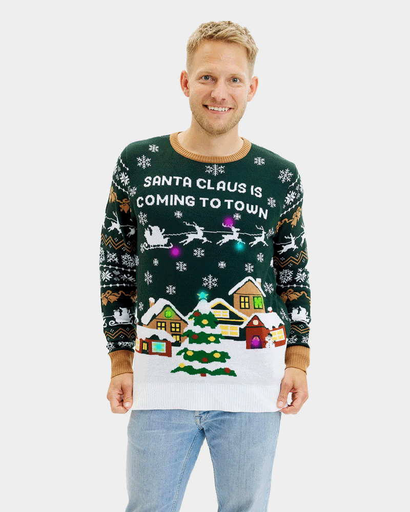 Pull de Noël pour Homme Lumineux LED Santa is Coming to Town