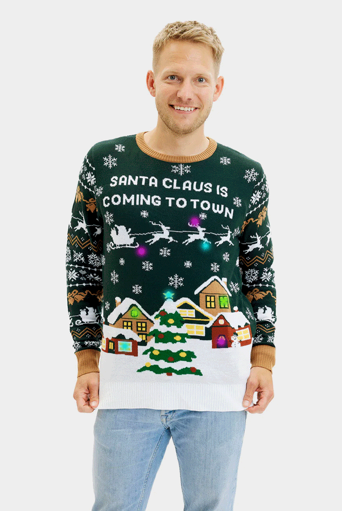 Pull de Noël pour Homme Lumineux LED Santa is Coming to Town