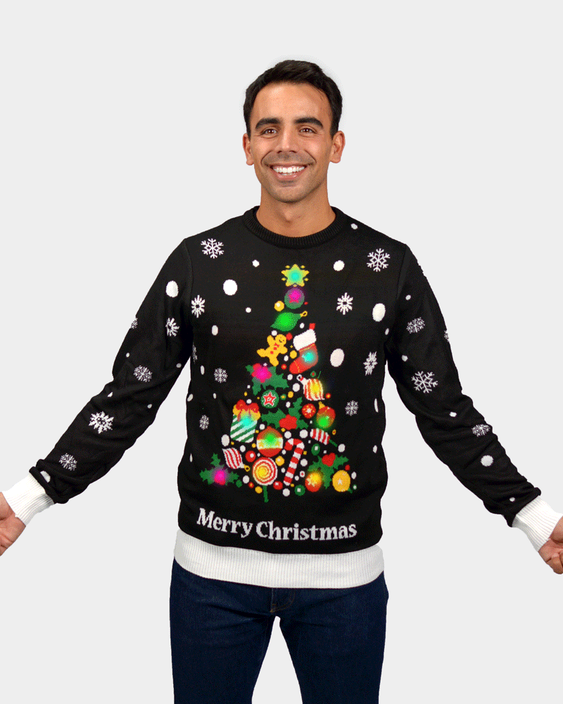 Pull de Noël pour Homme Lumineux Noire Sapin de Noël LED