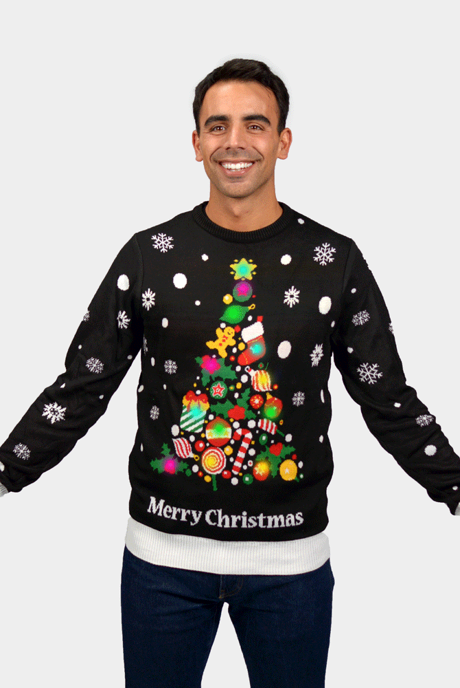 Pull de Noël pour Homme Lumineux Noire Sapin de Noël LED