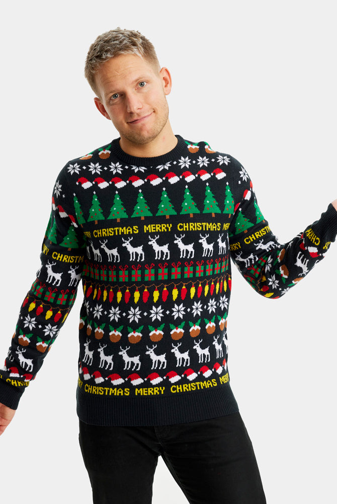 Pull de Noël pour Homme Noir avec Sapins, Rennes et Cadeaux