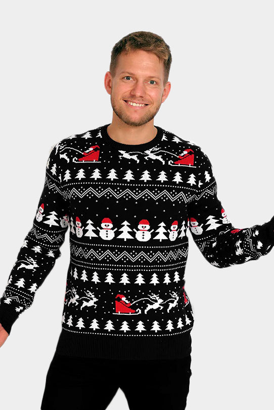 Pull de Noël Homme Noire Sapins, Bonhommes de Neige et Père Noël