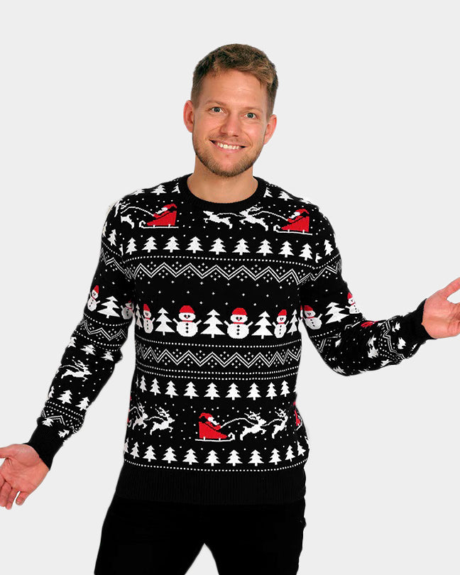 Pull de Noël Homme Noire Sapins, Bonhommes de Neige et Père Noël