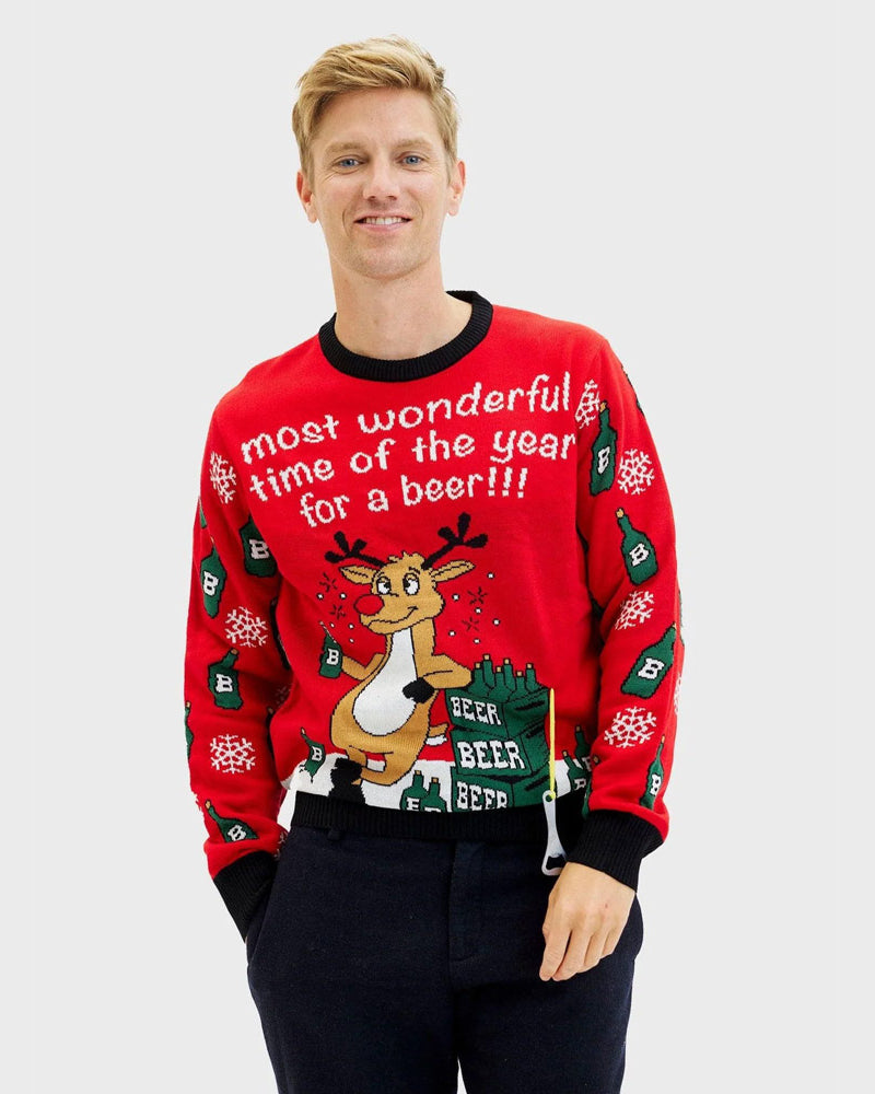 Pull de Noël pour Homme avec Ouvreur de Bière Renne