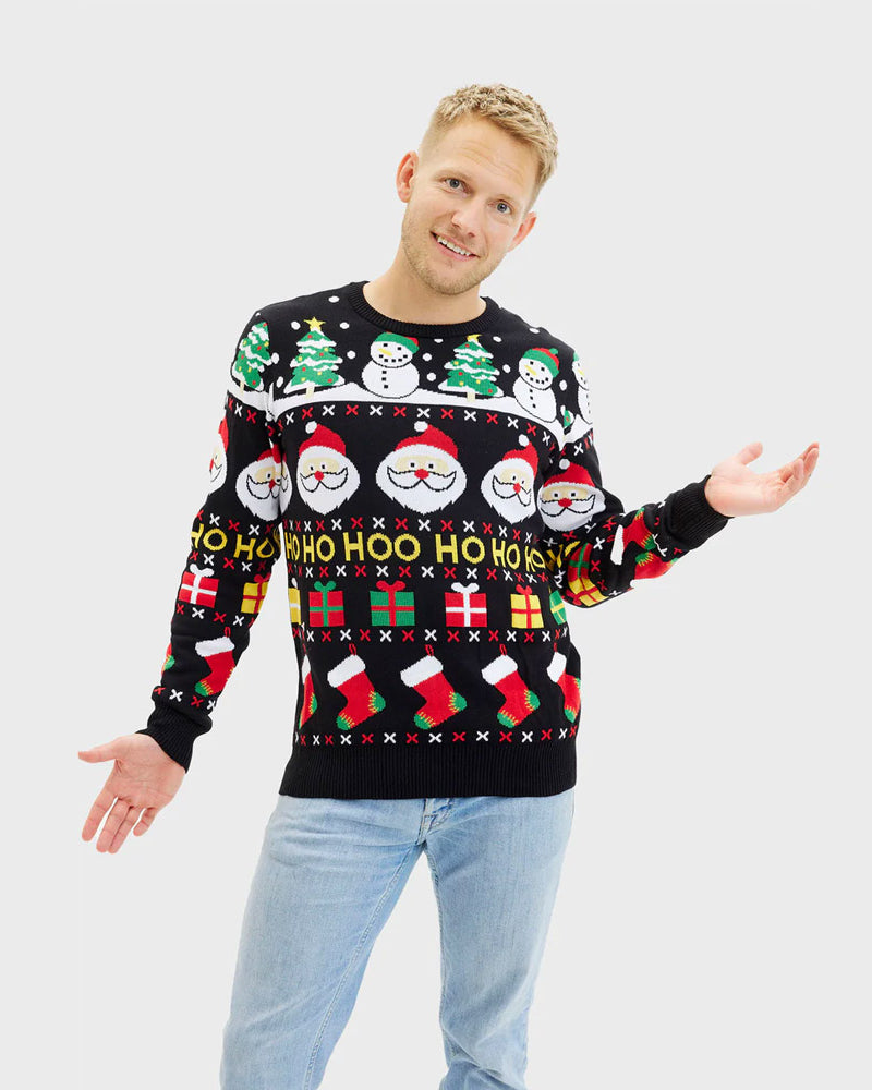 Pull de Noël Homme Père Noël, Cadeaux et Coton Bio Bonhommes de Neige