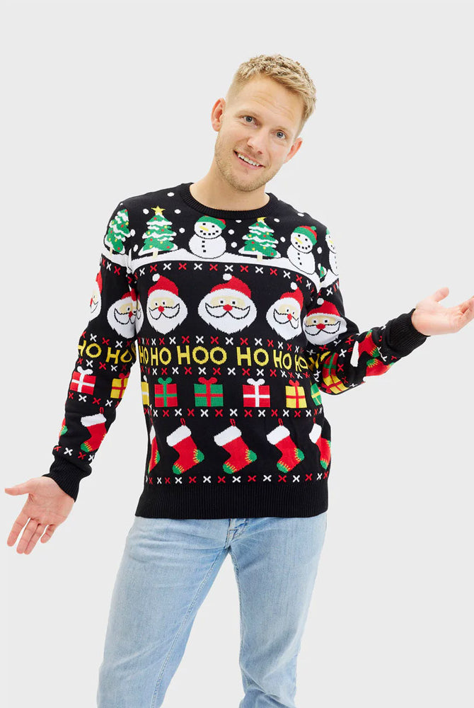 Pull de Noël Homme Père Noël, Cadeaux et Coton Bio Bonhommes de Neige
