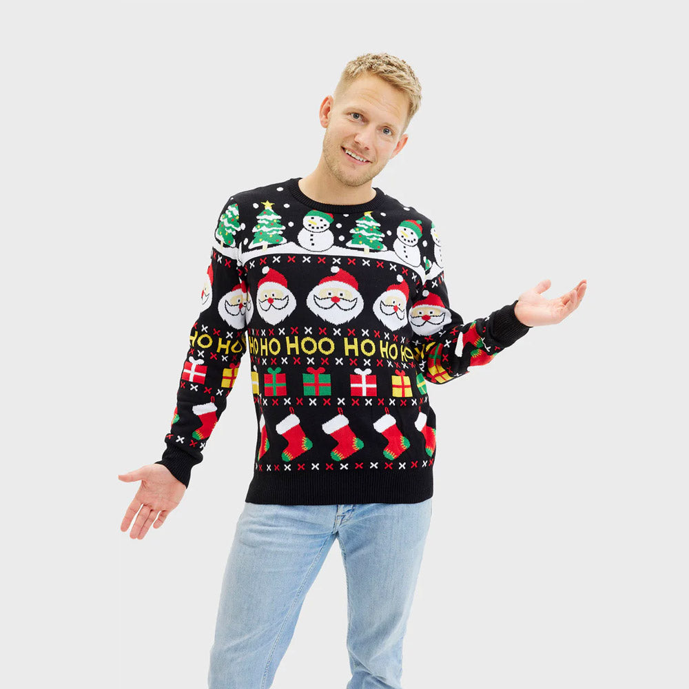 Pull de Noël Homme Père Noël, Cadeaux et Coton Bio Bonhommes de Neige