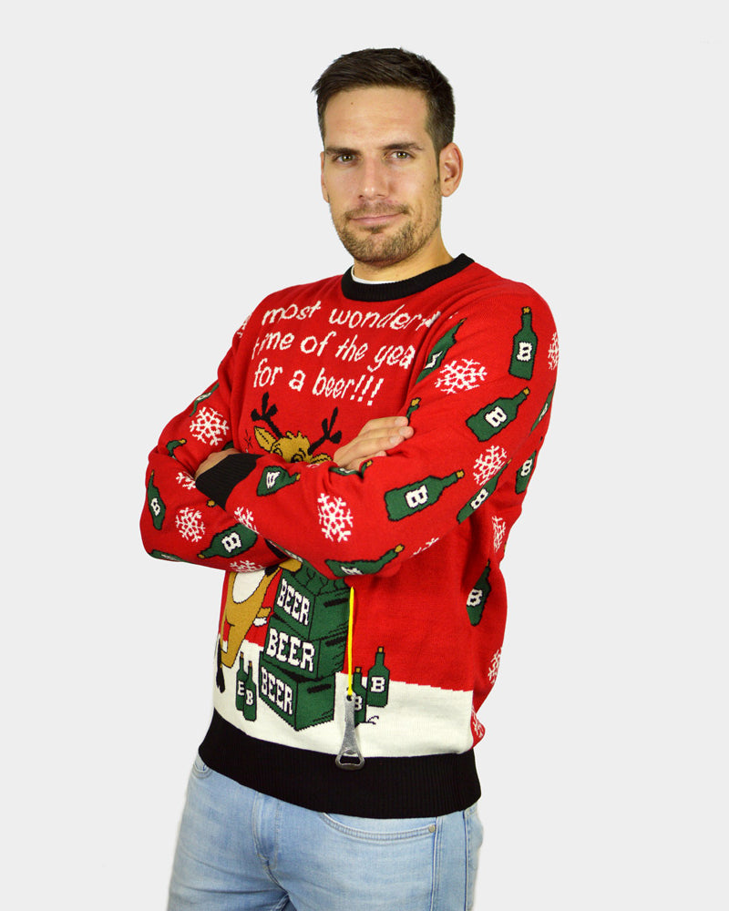Pull de Noël pour Homme Renne avec Ouvreur de Bière