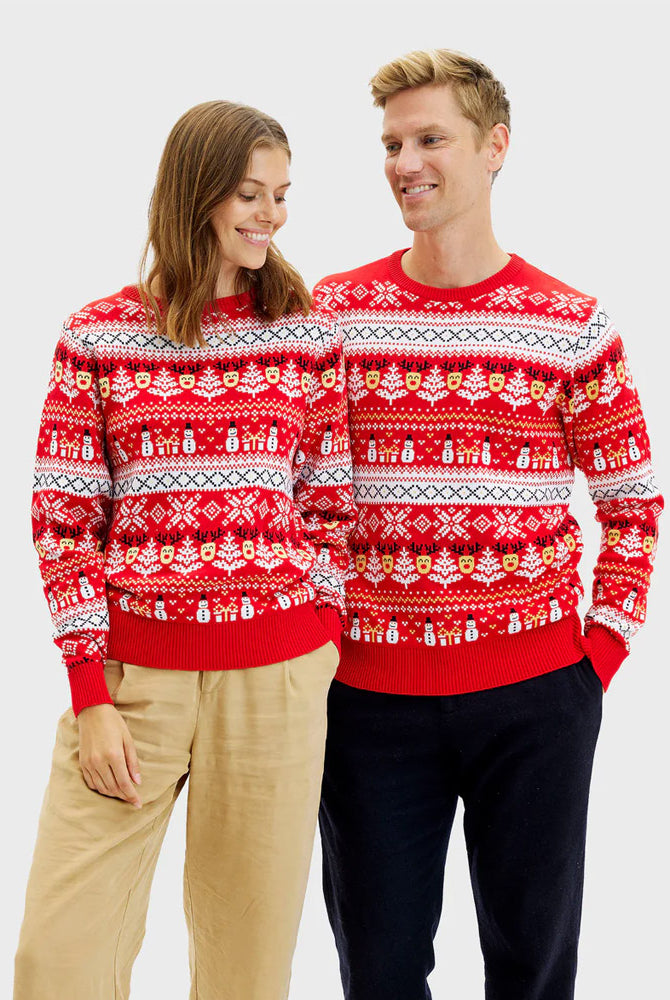 Pull de Noël Homme Rouge Femme Bonhommes de Neige et Sapins Coton Bio
