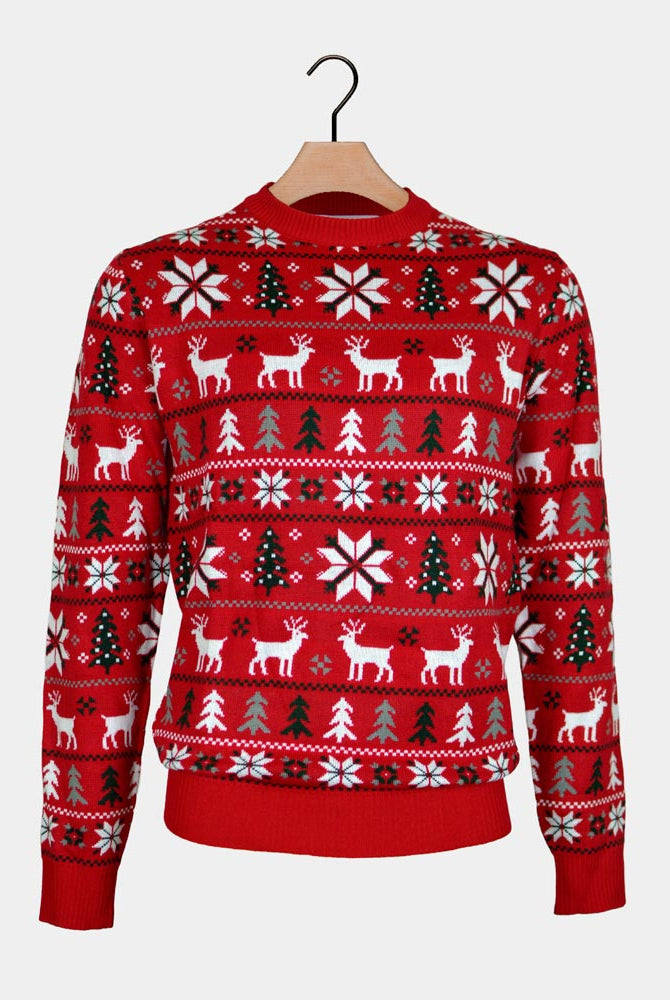 Pull de Noël pour Homme Rouge Rennes, Sapins et Étoiles Polaires