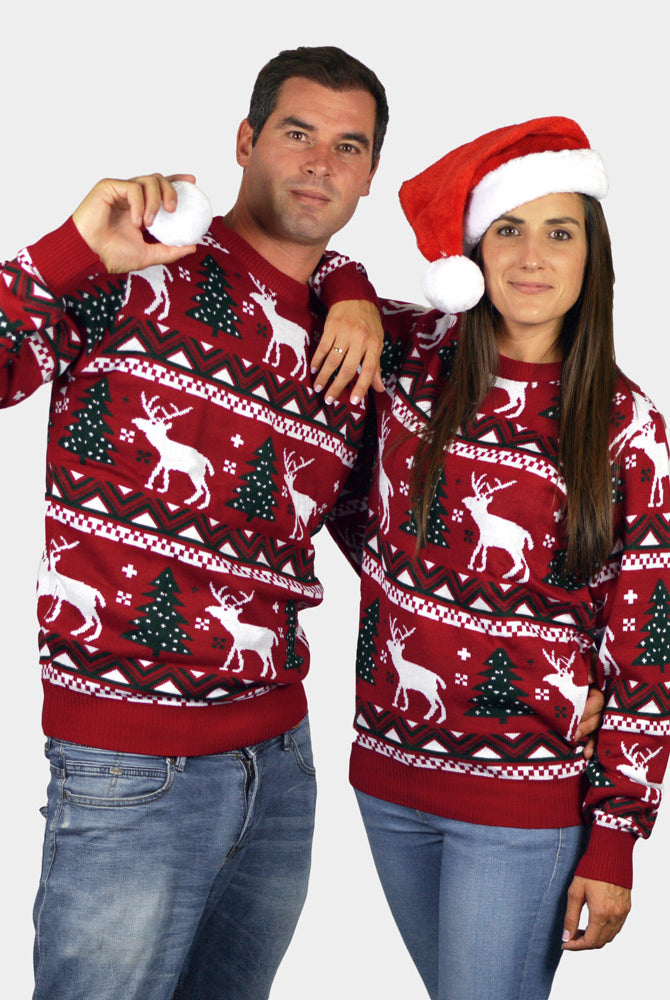 Pull de Noël pour Homme Rouge avec Sapins de Noël et Rennes femme