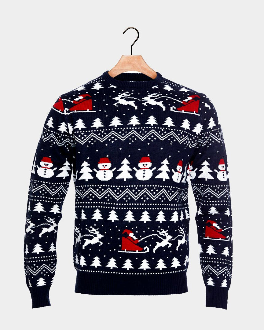 Pull de Noël pour Homme avec Sapins, Bonhommes de Neige et Père Noël Coton Bio