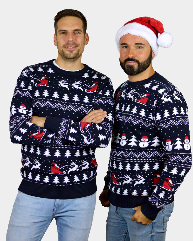 Pull de Noël Hommes avec Sapins, Bonhommes de Neige et Père Noël Coton Bio