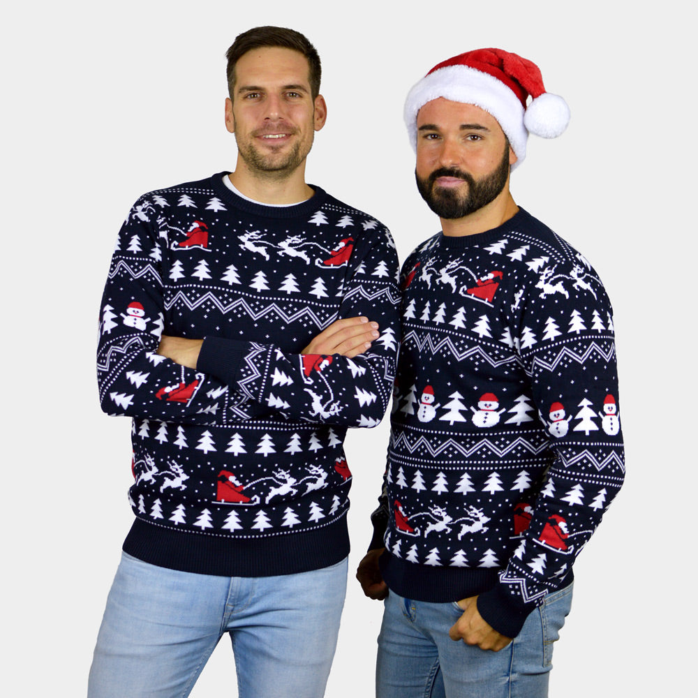 Pull de Noël Hommes avec Sapins, Bonhommes de Neige et Père Noël Coton Bio