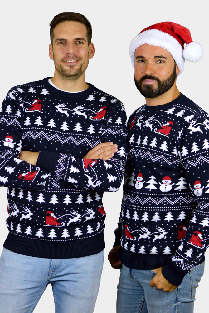Pull de Noël pour Homme avec Sapins, Bonhommes de Neige et Père Noël