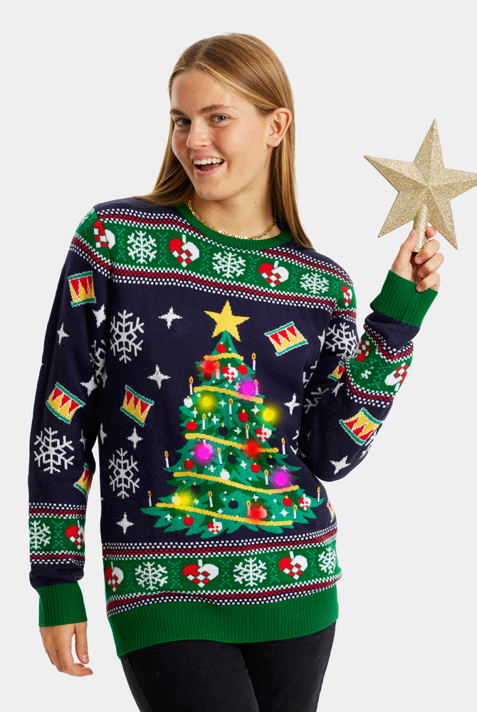 Pull de Noël Lumineux LED Bleu Sapin Noël Femme