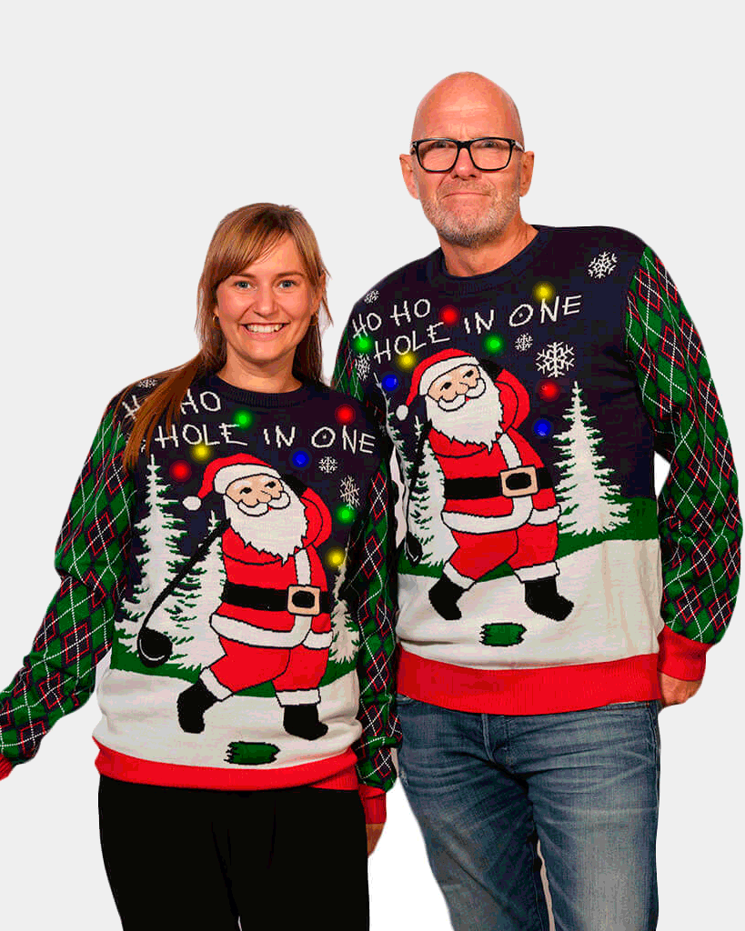 Pull de Noël pour Couple Lumineux LED Père Noël jouant au Golf