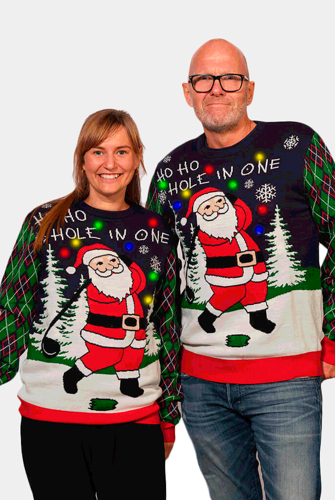 Pull de Noël pour Couple Lumineux LED Père Noël jouant au Golf
