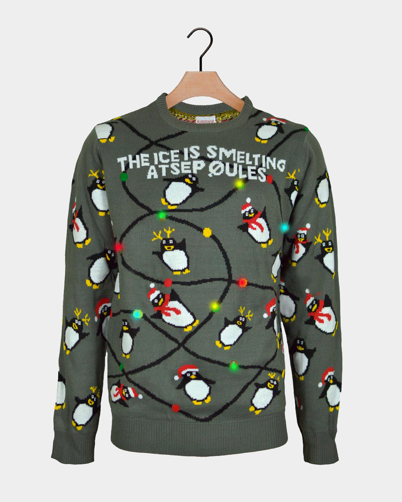 Pull de Noël Homme Lumineux LED Gris Pingouins