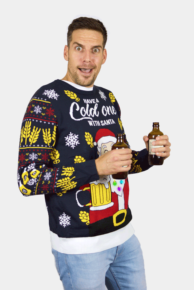 Pull de Noël pour Homme Lumineux LED Père Noël avec Bière