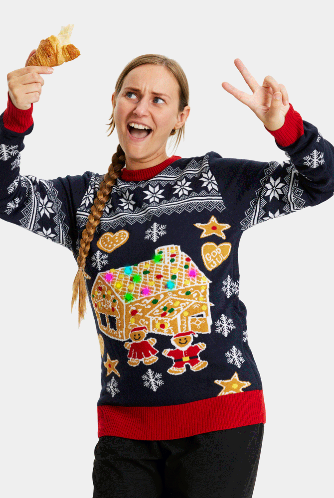 Pull de Noël pour Femme Lumineux LED Maison de pain d'épices