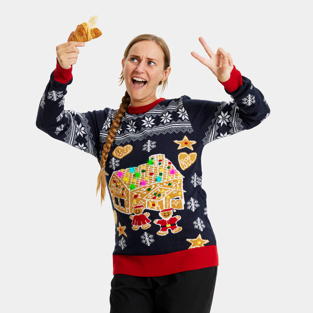 Pull de Noël pour Femme Lumineux LED Maison de pain d'épices