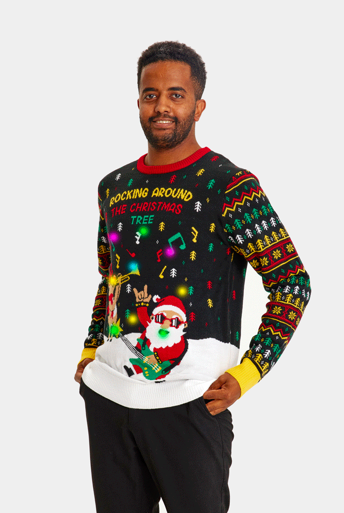 Pull de Noël pour Homme Lumineux LED Père Noël Rocker