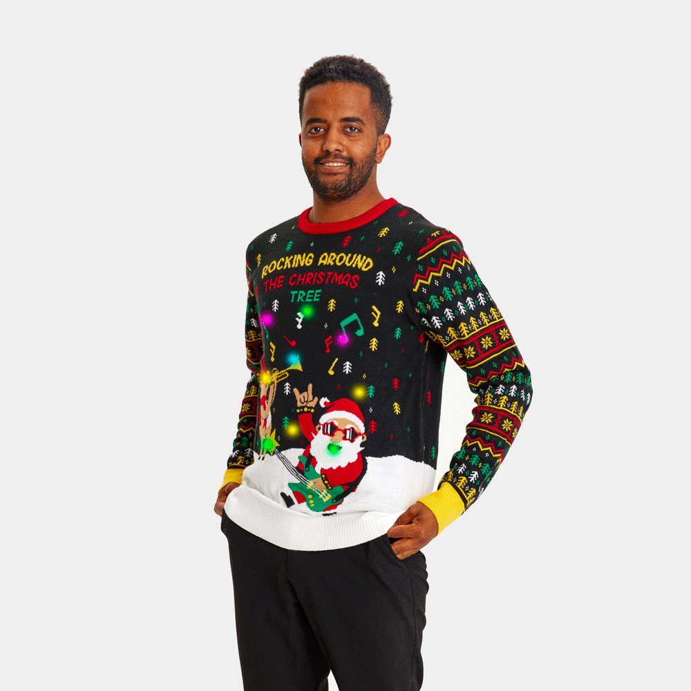Pull de Noël pour Homme Lumineux LED Père Noël Rocker