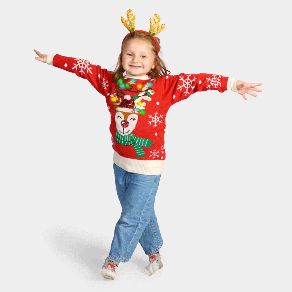Pull de Noël Lumineux LED Renne Brillant Paillettes pour Enfants