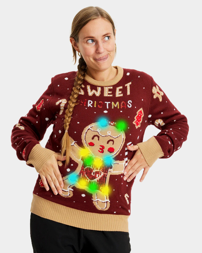 Pull de Noël Lumineux LED Rouge Ginger Cookie femme