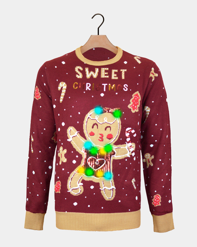 Pull de Noël Lumineux LED Rouge Ginger Cookie