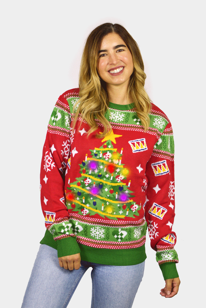 Sapin de Noël Pull de Noël pour Femme Lumineux LED Rouge