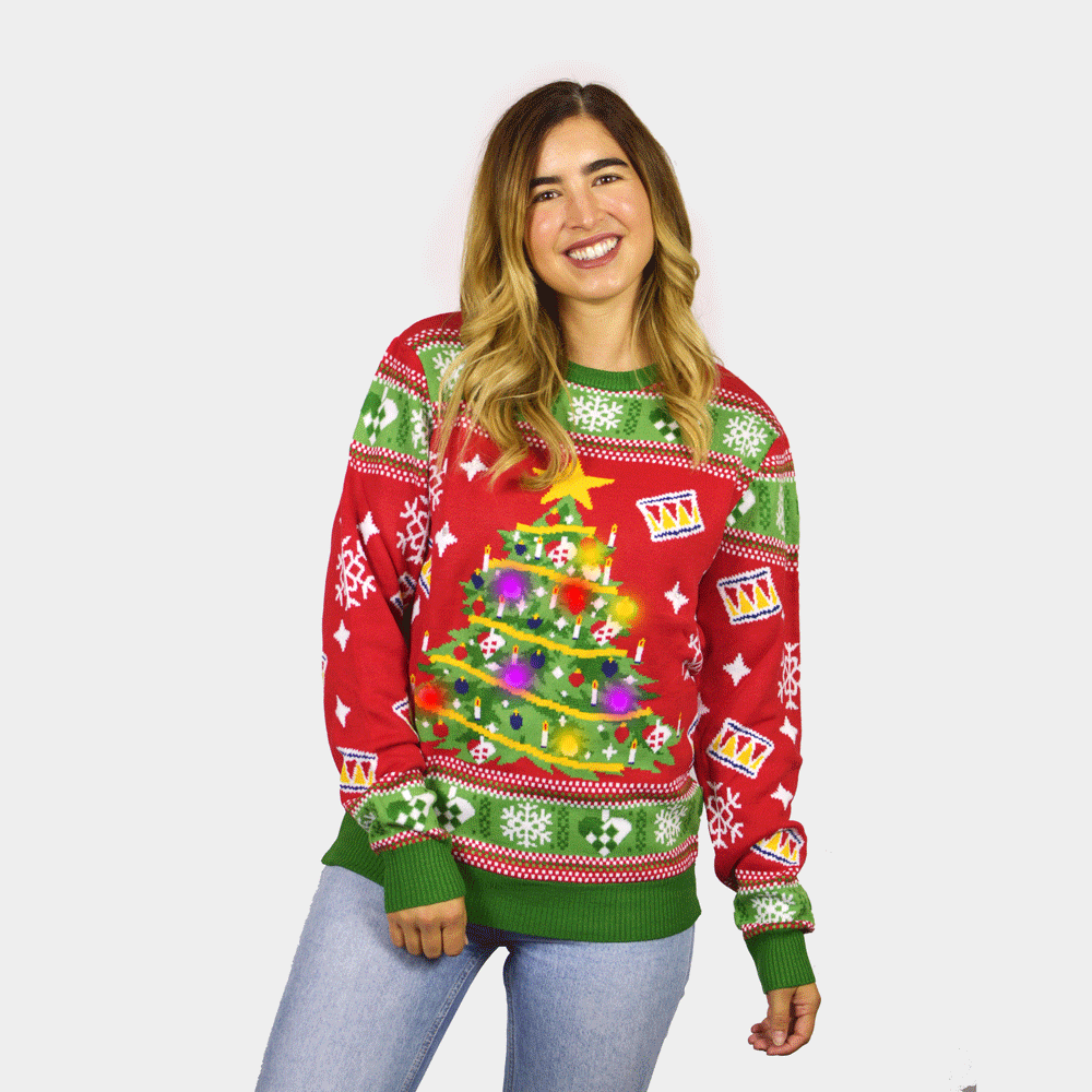Sapin de Noël Pull de Noël pour Femme Lumineux LED Rouge