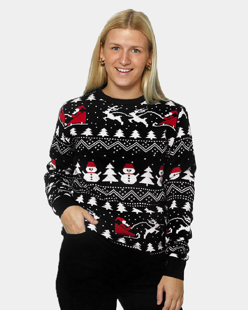 Pull de Noël Noire pour Femme Sapins, Bonhommes de Neige et Père Noël