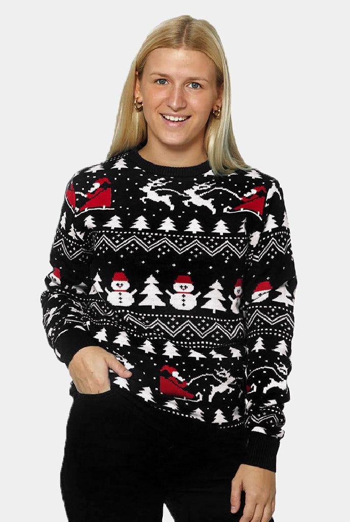 Pull de Noël Noire pour Femme Sapins, Bonhommes de Neige et Père Noël