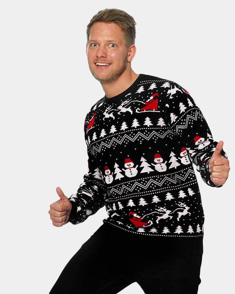 Pull de Noël Noire Sapins, Bonhommes de Neige et Père Noël Homme