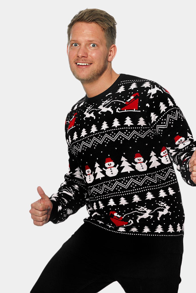 Pull de Noël Noire Sapins, Bonhommes de Neige et Père Noël Homme