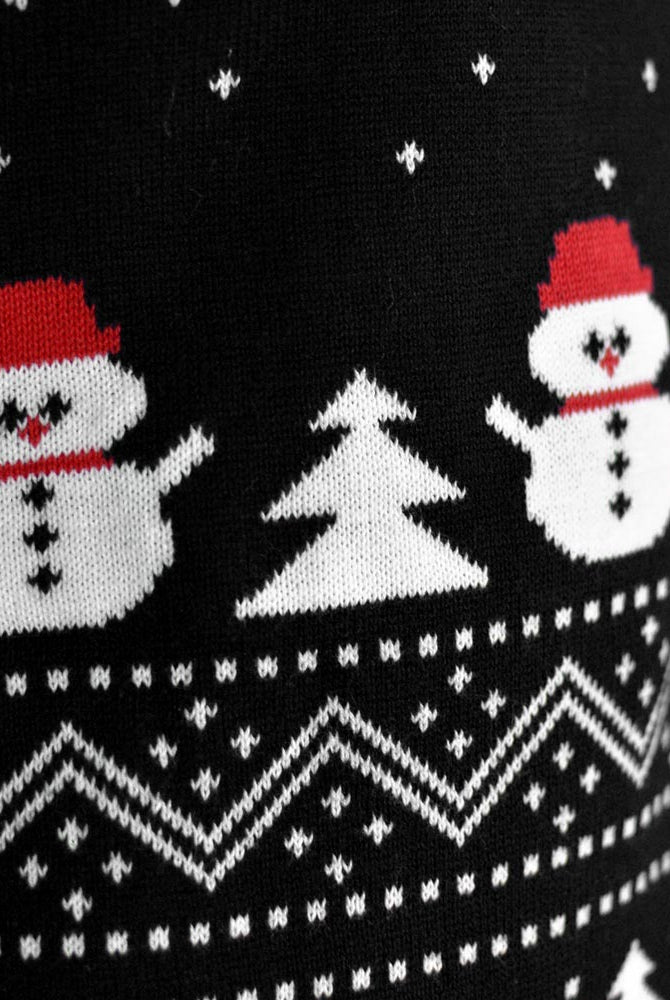 Pull de Noël Noire Sapins, Bonhommes de Neige et Père Noël