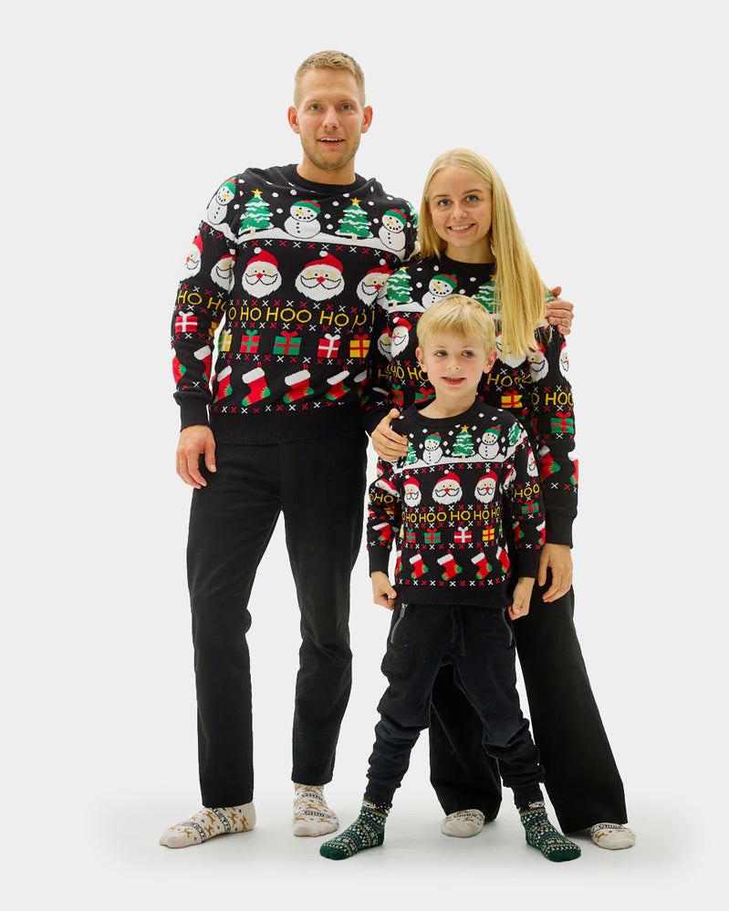 Coton Bio Pull de Noël pour Famille Père Noël, Cadeaux et Bonhommes de Neige