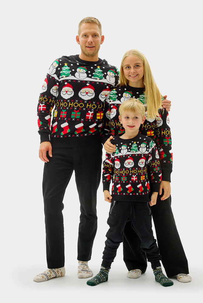 Coton Bio Pull de Noël pour Famille Père Noël, Cadeaux et Bonhommes de Neige