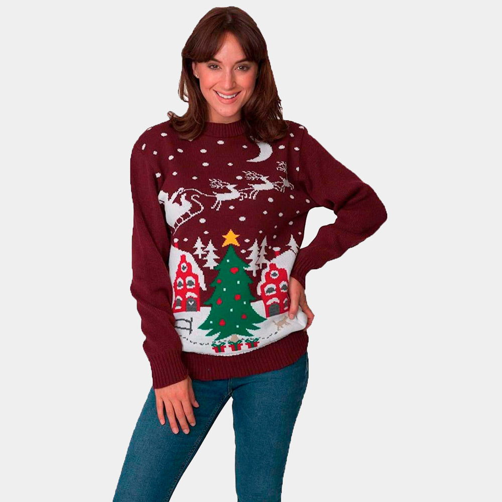Pull de Noël Père Femme Noël en Traîneau et Sapin de Noël