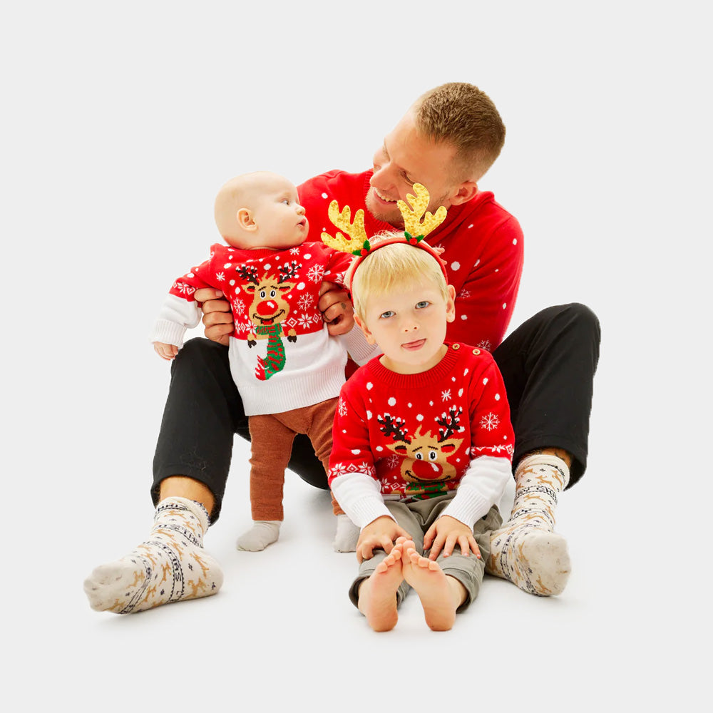Pull de Noël Homme Enfants Renne avec Écharpe Coton Bio