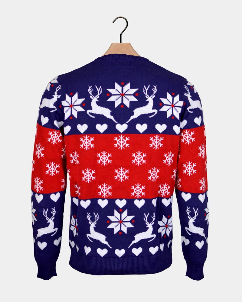 Pull de Noël Couple Rennes Cœurs Bleu et Rouge